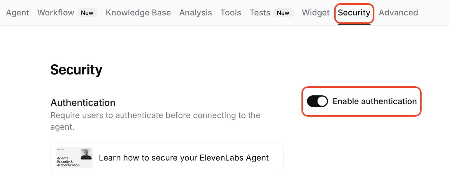 ElevenLabs Agent Security tab showing Enable authentication toggle